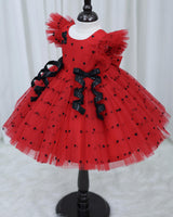 Red and Black Heart Print Twirled Bow Detailed Dress