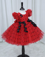 Red and Black Heart Print Twirled Bow Detailed Dress
