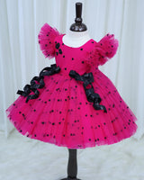Dark Pink and Black Heart Print Twirled Bow Detailed Dress