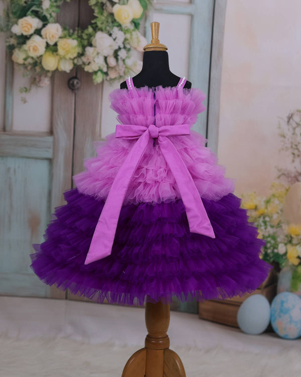 Light lavender & Purple  Frilled Frock With Beaded Waist Belt.