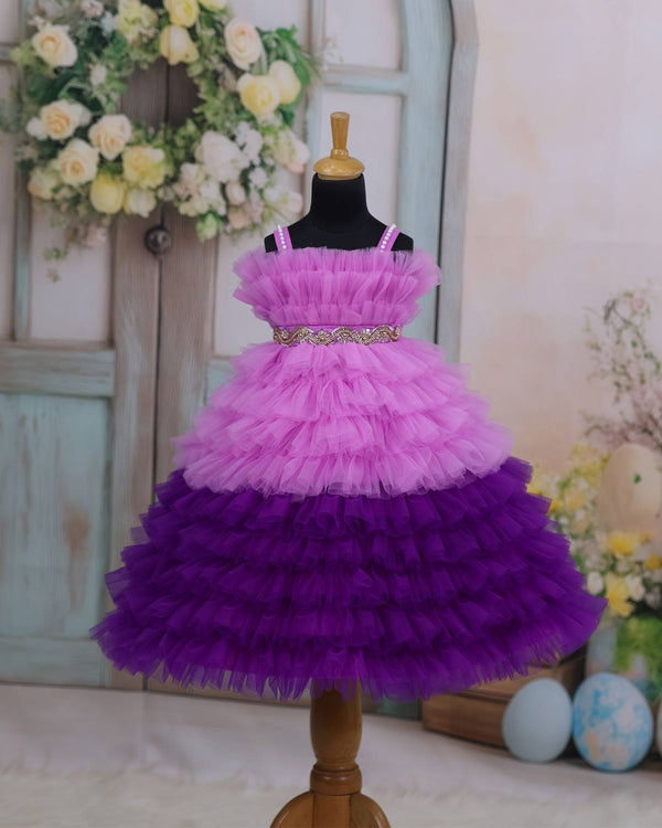 Light lavender & Purple  Frilled Frock With Beaded Waist Belt.