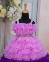Light lavender & Purple  Frilled Frock With Beaded Waist Belt.