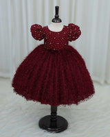Wine Red Embellished Feather Frock