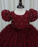 Wine Red Embellished Feather Frock