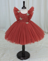 Net Sleeveless Ruffled Yoke Butterfly Theme Knee-Length Frock-Brick Red(New)(Bestseller)