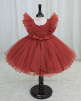 Net Sleeveless Ruffled Yoke Butterfly Theme Knee-Length Frock-Brick Red(New)(Bestseller)