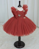 Net Sleeveless Ruffled Yoke Butterfly Theme Knee-Length Frock-Brick Red(New)(Bestseller)
