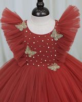 Net Sleeveless Ruffled Yoke Butterfly Theme Knee-Length Frock-Brick Red(New)(Bestseller)