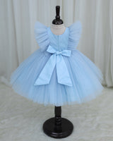 Net Sleeveless Ruffled Yoke Butterfly Theme Knee-Length Frock-Dusty Blue