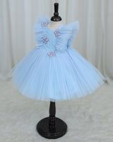 Net Sleeveless Ruffled Yoke Butterfly Theme Knee-Length Frock-Dusty Blue