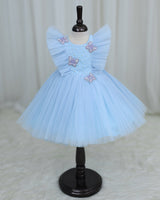 Net Sleeveless Ruffled Yoke Butterfly Theme Knee-Length Frock-Dusty Blue
