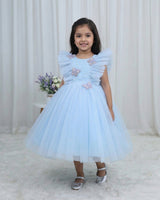 Net Sleeveless Ruffled Yoke Butterfly Theme Knee-Length Frock-Dusty Blue