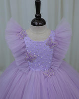 Net Sleeveless Ruffled Yoke Butterfly Theme Knee-Length Frock-Light Lavender(New)(Bestseller)