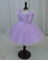 Net Sleeveless Ruffled Yoke Butterfly Theme Knee-Length Frock-Light Lavender(New)(Bestseller)