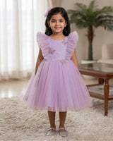 Net Sleeveless Ruffled Yoke Butterfly Theme Knee-Length Frock-Light Lavender(New)(Bestseller)