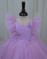 Net Sleeveless Ruffled Yoke Butterfly Theme Knee-Length Frock-Light Lavender (Bestseller)