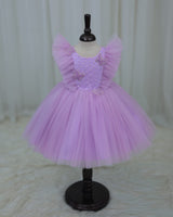 Net Sleeveless Ruffled Yoke Butterfly Theme Knee-Length Frock-Light Lavender (Bestseller)