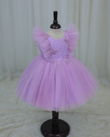 Net Sleeveless Ruffled Yoke Butterfly Theme Knee-Length Frock-Light Lavender (Bestseller)