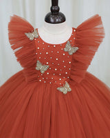Net Sleeveless Ruffled Yoke Butterfly Theme Knee-Length Frock-Burnt Orange(New)