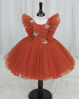 Net Sleeveless Ruffled Yoke Butterfly Theme Knee-Length Frock-Burnt Orange(New)