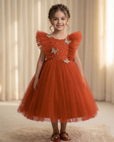 Net Sleeveless Ruffled Yoke Butterfly Theme Knee-Length Frock-Burnt Orange(New)
