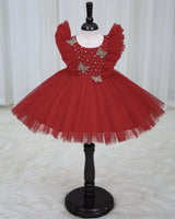 Net Sleeveless Ruffled Yoke Butterfly Theme Knee-Length Frock-Red