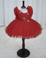 Net Sleeveless Ruffled Yoke Butterfly Theme Knee-Length Frock-Red