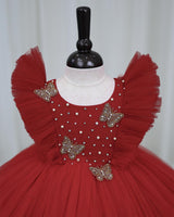 Net Sleeveless Ruffled Yoke Butterfly Theme Knee-Length Frock-Red