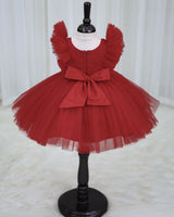 Net Sleeveless Ruffled Yoke Butterfly Theme Knee-Length Frock-Red