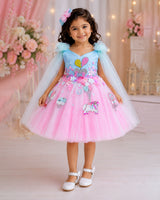 Net Sleeveless Fit & Flare Carnival Calf Length Frock - Pink & Blue (New)(Bestseller)