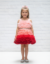 Peach & Red Frilled Frock With Beaded Waist Belt