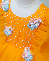 Net Sleeveless Ruffled Yoke Ice cream Theme Knee-Length Frock-Yellow(New)