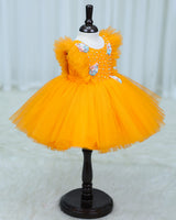 Net Sleeveless Ruffled Yoke Ice cream Theme Knee-Length Frock-Yellow(New)