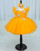 Net Sleeveless Ruffled Yoke Ice cream Theme Knee-Length Frock-Yellow(New)