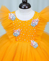 Net Sleeveless Ruffled Yoke Ice cream Theme Knee-Length Frock-Yellow(New)