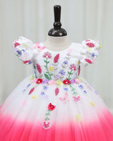 Net Puff-Sleeved Aari and 3D Floral-Embellished Calf-Length Frock - Neon Pink & White(New)