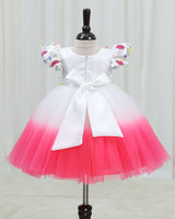 Net Puff-Sleeved Aari and 3D Floral-Embellished Calf-Length Frock - Neon Pink & White(New)