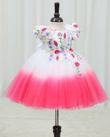 Net Puff-Sleeved Aari and 3D Floral-Embellished Calf-Length Frock - Neon Pink & White(New)