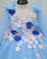Net Sleeveless Floral Applique Garden Knee-Length Frock - Dusty Blue (New)