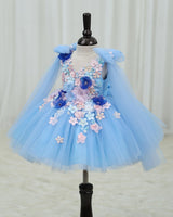 Net Sleeveless Floral Applique Garden Knee-Length Frock - Dusty Blue (New)