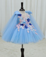 Net Sleeveless Floral Applique Garden Knee-Length Frock - Dusty Blue (New)