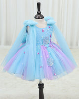 Net Sleeveless Fit & Flare Aqua Marine Calf Length Frock - Baby Blue & Lavender (New)