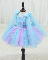 Net Sleeveless Fit & Flare Aqua Marine Calf Length Frock - Baby Blue & Lavender (New)