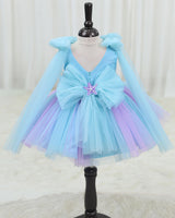 Net Sleeveless Fit & Flare Aqua Marine Calf Length Frock - Baby Blue & Lavender (New)