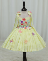 Net cotta Sleeveless Floral Embroidered Knee-Length Frock with Bow Tie on Shoulder - Yellow (New)
