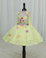 Net cotta Sleeveless Floral Embroidered Knee-Length Frock with Bow Tie on Shoulder - Yellow (New)