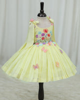 Net cotta Sleeveless Floral Embroidered Knee-Length Frock with Bow Tie on Shoulder - Yellow (New)