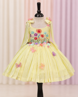Net cotta Sleeveless Floral Embroidered Knee-Length Frock with Bow Tie on Shoulder - Yellow (New)
