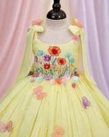 Net cotta Sleeveless Floral Embroidered Knee-Length Frock with Bow Tie on Shoulder - Yellow (New)