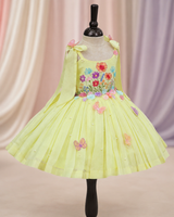 Net cotta Sleeveless Floral Embroidered Knee-Length Frock with Bow Tie on Shoulder - Yellow (New)